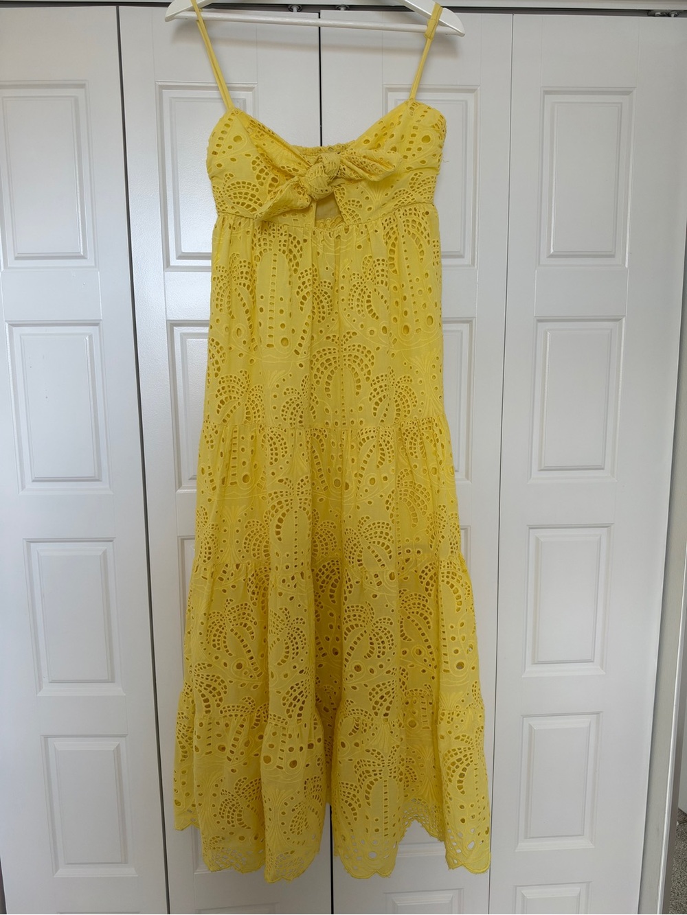 🌸FARM Sunny Yellow Eyelet Tie-Front Maxi Dress size S Boho Chic Resort Coastal - Picture 2 of 15